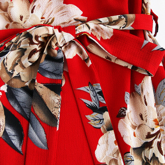 Red Floral Print A Layered A Line Dress with Belt - Picture 4 of 4